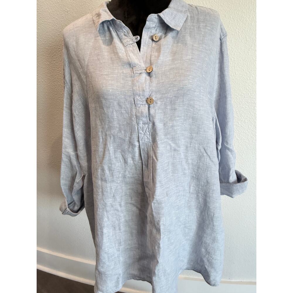Cynthia Rowley Womens 3X Blue Linen Tunic Top Roll Tab Sleeve Button Popover